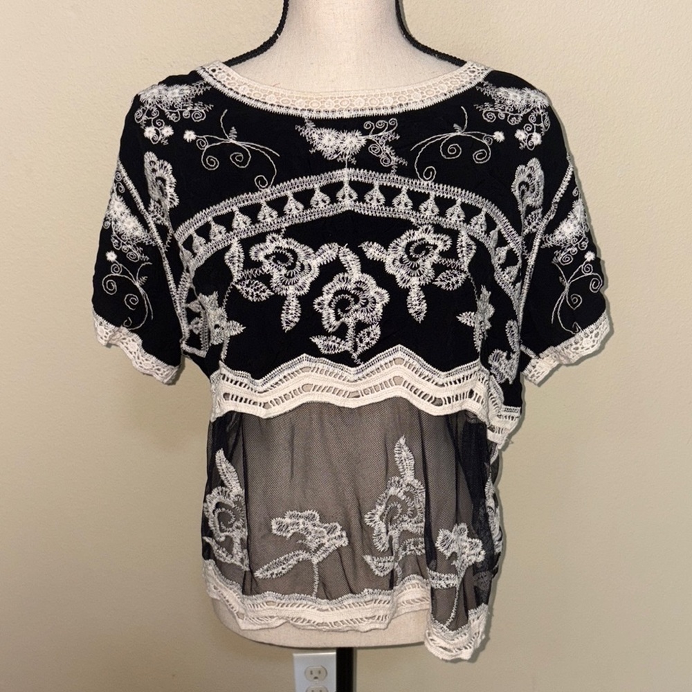 Boho Black and White Lace Top